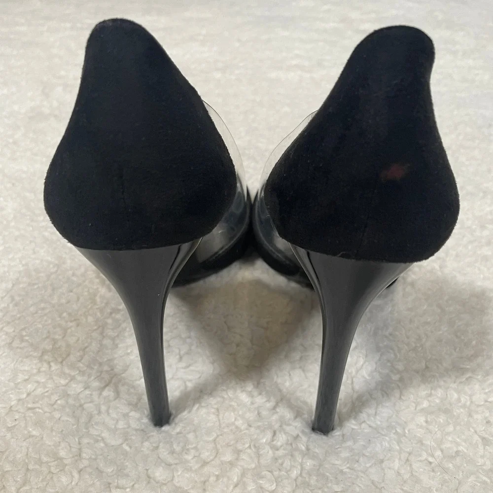 Zara Black Clear PVC Vinyl Pointed Toe Stiletto Pumps Faux Suede Glam Vamp 37